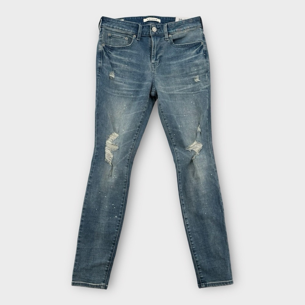 PacSun Stacked Skinny Jeans Mens 28x30 Distressed Light Wash Ripped Blue NWT